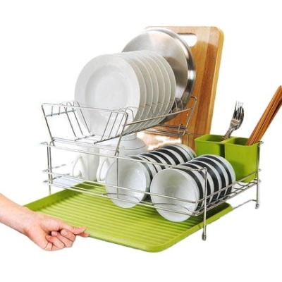 China Sustainable Dish and Stainless Steel Metal Wire Dish Bowl Drying Organizer Home Cabinet Dish Rack Kitchen Racks with Tray for sale