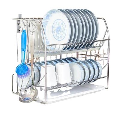 China High Quality Viable 2 Tier Metal Storage Stainless Steel Wire Kitchen Drying Dish Mounted Dish Rack With Tray Drainer Tableware for sale