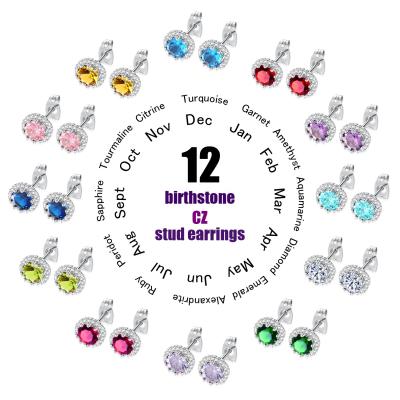 China European and American CLASSIC Wholesale Colorful Round Zircon Stud Earrings 12 Birthstone Jewelry Earrings for sale