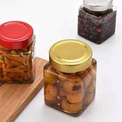 China Square Glass Honey Jam Box Fruit Jam Box Food Grade Honey Jar Jam Jar with Black Gold and Red Metal Lid for sale