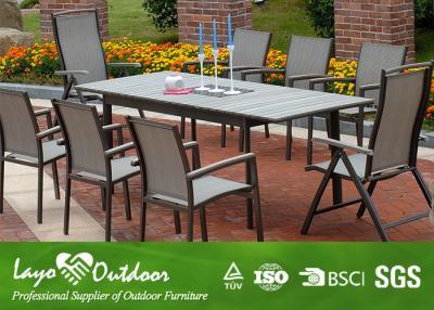 China Wooden Extendable Dining Table Set Outside Garden Furniture Powder Coated Frame for sale