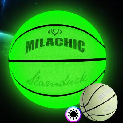 China Leather Glow Glowing Dark Custom Luminous Basketball GID Green Light Absorbing Fluorescent Basketball As Gift for sale