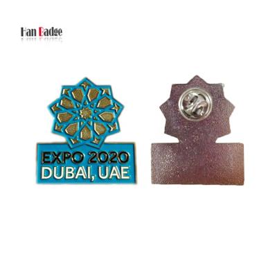 China Custom Europe EXPO Dubai Pin Stamping Soft Enamel Metal Badges Nickel Plating for sale