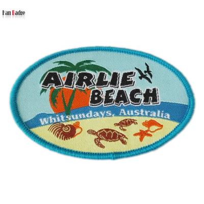 China Sustainable Custom Woven Patches Customized Iron On Labels For Clothing Bags Hats Merrow Border for sale