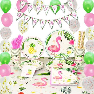 China Festival Decoration Girls Kids Birthday Banner Balloons Flamingo Party Supplies Tableware Set for sale