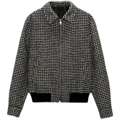 China Men's Textured Wool-Blend Windproof Plain Full Houndstooth Lapel Jacket Slim Fit Zipper Windproof Jacket for sale