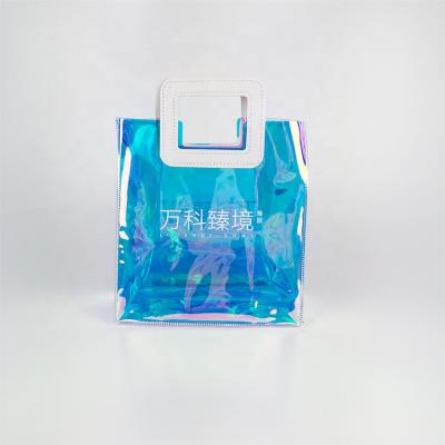 China Hot Sale Customized Handled PU Packaging PVC Size Clear Holographic Wite Gift Leather Customized Shopping Bag for sale