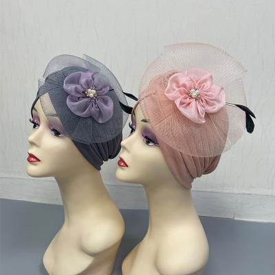 China Fashion Wholesale High Quality Polyester Solid Color Headwraps Women's Big Flower Turban Turban Hat With Pearl for sale