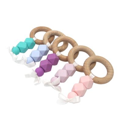 China Hot Sale Eco-friendly Natural Silicone Wooden Baby Teething Teether Ring Custom for sale