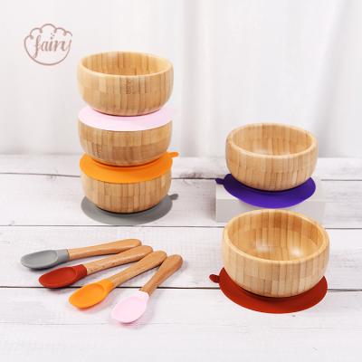 China Healthy Non-Toxic Bpa Free Silicone Natural Bamboo Fork Spoon Baby Bowl Set for sale