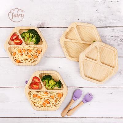 China Healthy Toddler Feeding Bowl Natural Bamboo Hexagon Suction Smooth Spoon Baby Bowls Set Dishes For Kids for sale