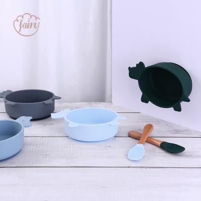 China Healthy Non-Toxic Dinosaur Triceratops Shape Bpa Free Strong Suction Silicone Baby Bowl Fork Spoon Set for sale