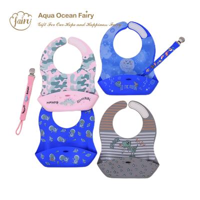 China Free Sample Food Grade Washable Custom Printed Bpa Free Kids Feeding Kids Waterproof Silicone Baby Bib Set Colorful for sale