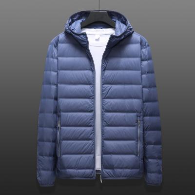 China Stocked Light High Quality Breathable ODM Logo Custom Windproof Winter Jacket Duck Down Hooded Coats White For Men for sale