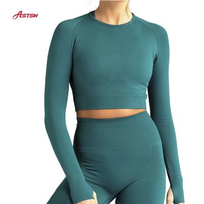 China New Design Breathable Four Way Stretch Long Sleeve Crop Yoga Set Top Seamless Fitness Workout Set For Women for sale