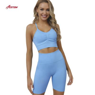 China 2020 Summer Breathable Gym Clothing Seamless Scrunched Design Sports Bra Biker Shorts Gym Sets for sale