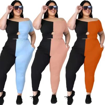 China Color Matching QUICK DRY Women's Short Sleeve Off The Shoulder Top And Pants Suit 2 Piece Two Piece Set for sale