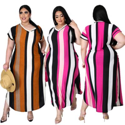 China Anti-Wrinkle Women Plus Size Summer Striped Print Dress V Neck Slit Casual Maxi Dresses Long for sale