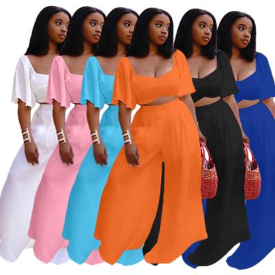 China QUICK DRY Summer New Arrive Lady Pure Color Elegant Loose Women's 2 Set Two Piece Casual Wide Leg Pants Suit for sale