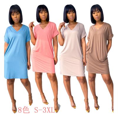 China Women Summer Elegant Short Sleeve Plus Size V Neck T-shirt Casual T-shirt Dresses Lady With Pockets for sale