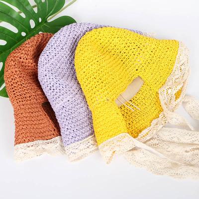 China Character Summer Color Casual Soft Foldable Pure Handmade Women's Bundle Straw Hat With Lace For Adult Parent-child Beach for sale