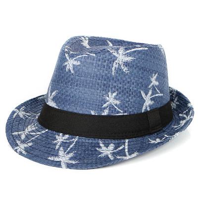 China Wholesale Summer Panama Jazz Fedora Hat Men Picture Coconut Trees Pattern Straw Sun Hats Ribbon Beach Paper Sun Hat With Black for sale