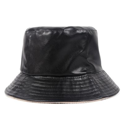 China Wholesale Winter Outdoor Black Fur Character Fashion Cap Warm Foldable Fishing Leather Bucket Hats PU Leather Fisherman for sale