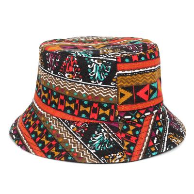 China Retro Character Geometric Pattern Printed Cotton Sun Hat Foldable Bucket Hat Painting Fisherman for sale