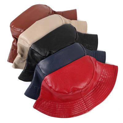 China Wholesale New Stylish Fresh Black Dobby Plain Leather Bucket Hat Women Fishing Cap Fisherman Hats for sale