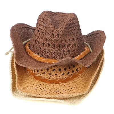 China New Fashion Character Spring Summer Pure Color Mesh Paper Straw Adults Cowboy Hat With Rope For Grassland Party for sale