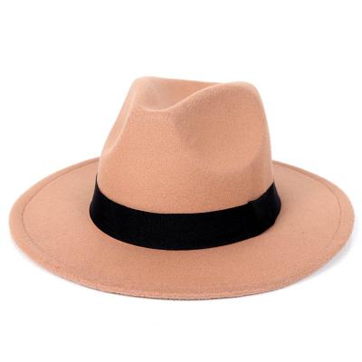 China Cheap Vintage Faux Brim Elegant Wide Wool Fedora Hats With Black Ribbon Character For Man Women Polyester Flexible Hat Felt Hat for sale