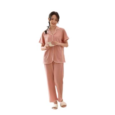 China Hot Selling Designer Breathable Women Pajamas Set Pit Strip Cardigan Luxury Cotton Pajamas for sale