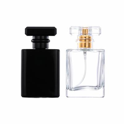 China High Qiality Design Square 30ml 50ml Empty Glass Perfume Bottle Black Unique Clear Luxury Refillable Sprayer Atomizer for sale