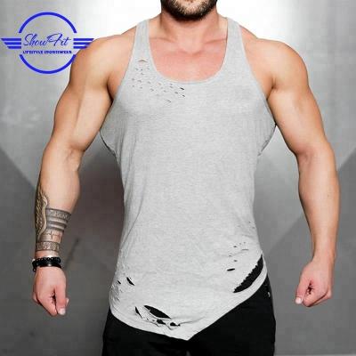 China Custom Empty Distressed Tank Tops Mens Anti Pilling Gym Singlet Stringer Vest for sale