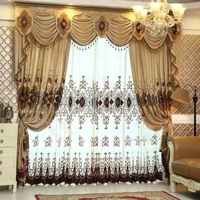 China European Luxury Blackout Villa Curtains Set Hollow Black Water Soluble Chenille Embroidery Valance Window Curtains Living Room for sale