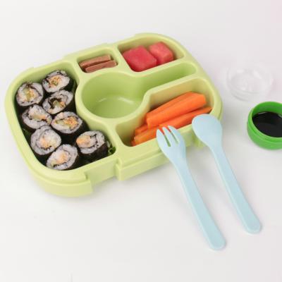 China Bentfun Sustainable Kids On Set 5 Compartments Green Kids Bento Box With Cutlery Sauce Box For Ages 3 To 7 for sale