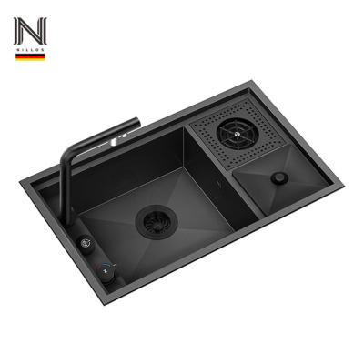 China Without Faucet Nillos N7344XN Multifunctional Cup Rinser Stainless Steel Hidden Handmade Kitchen Sinks With Smart Flip Cover for sale