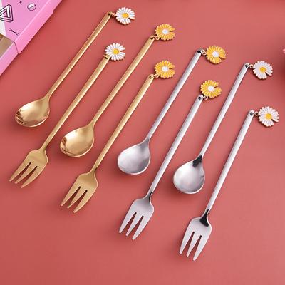 China Creative Viable Spoon Fork Net Stainless Steel Statistical Institute Dessert Ornament Daisy Spoon Fork Gift Tableware for sale