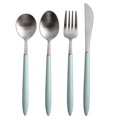 China Viable Colorful Hot Sale Portuguese Flatware Plastic Matt Polish Handle 18/8 Stainless Steel Cutlery Set Knife Fork Spoon for sale