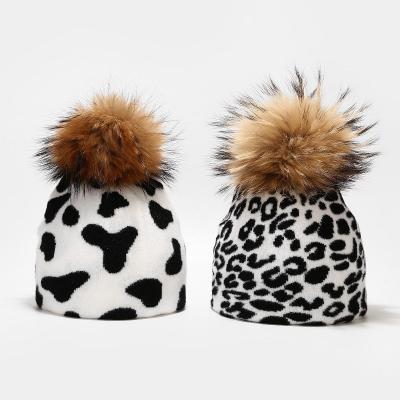 China Animal Print Beanie Skull Cap Cuffed Winter Leopard Thick Ski Knit Hat Pompom for sale