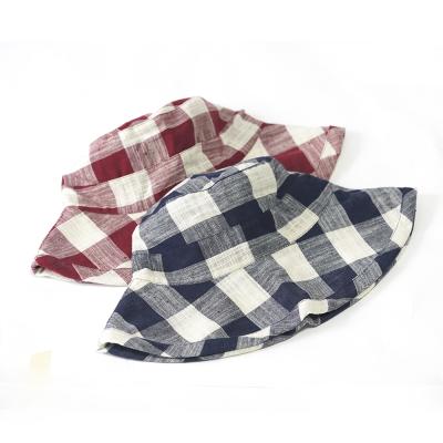 China Checked Canvas Bucket Hat Women Cotton Plaid Brim Wide Fisherman Hat for sale