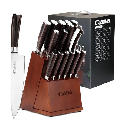 China Free Sample QANA Factory Stocked Wholesale Steel Stand Japanese Damascus Knife Cooking Knife Stainless Kitchen Knives With Stand Block for sale