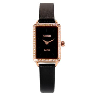 China Rectangle GUOU Square Calendar Diamond Watch No Scale Leather Ladies Belt Quartz Relojes for sale