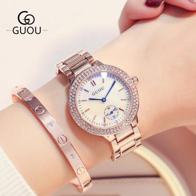 China Lujo Luxury Popular Blue Mirror GUOU Steel Band Waterproof Watch With Full Diamond Bezel Ladies Quartz Watches for sale