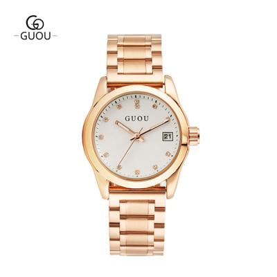 China Fashion \ popular dress luxury new arrival stainless steel quartz watch GUOU for ladies Diamond Scale Calendar Wrist Watch for sale