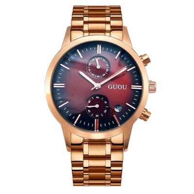 China GUOU day/date stainless steel strap men watch personality business British fashion double dial calendar watch relojes luxury hombre for sale