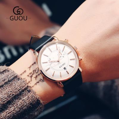 China GUOU Quartz Fashion Men's Quartz Watch Large Casual Calendar Dial Leather Belt Waterproof Watch for sale