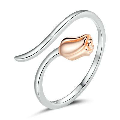 China Long Color Keeping Opening S925 Sterling Silver Rose Gold Plated Rose Ring Simple Flowers Ring Beautiful for sale