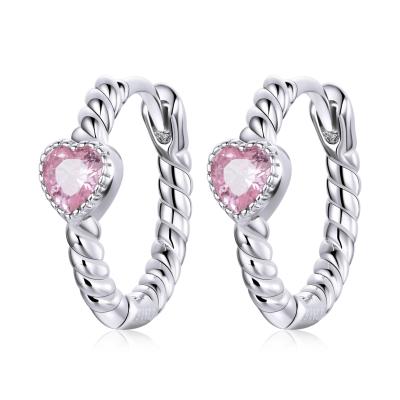 China Long Color Keeping Romantic Gift S925 Sterling Silver Heart Shaped Pink Zircon Plated Platinum Stud Earrings for sale