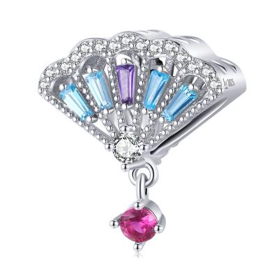 China Long Color Keeping Fashion Chinese Style S925 Fan DIY Sterling Silver Pendant Bracelet Plated Platinum Colored Zircon Charm for sale